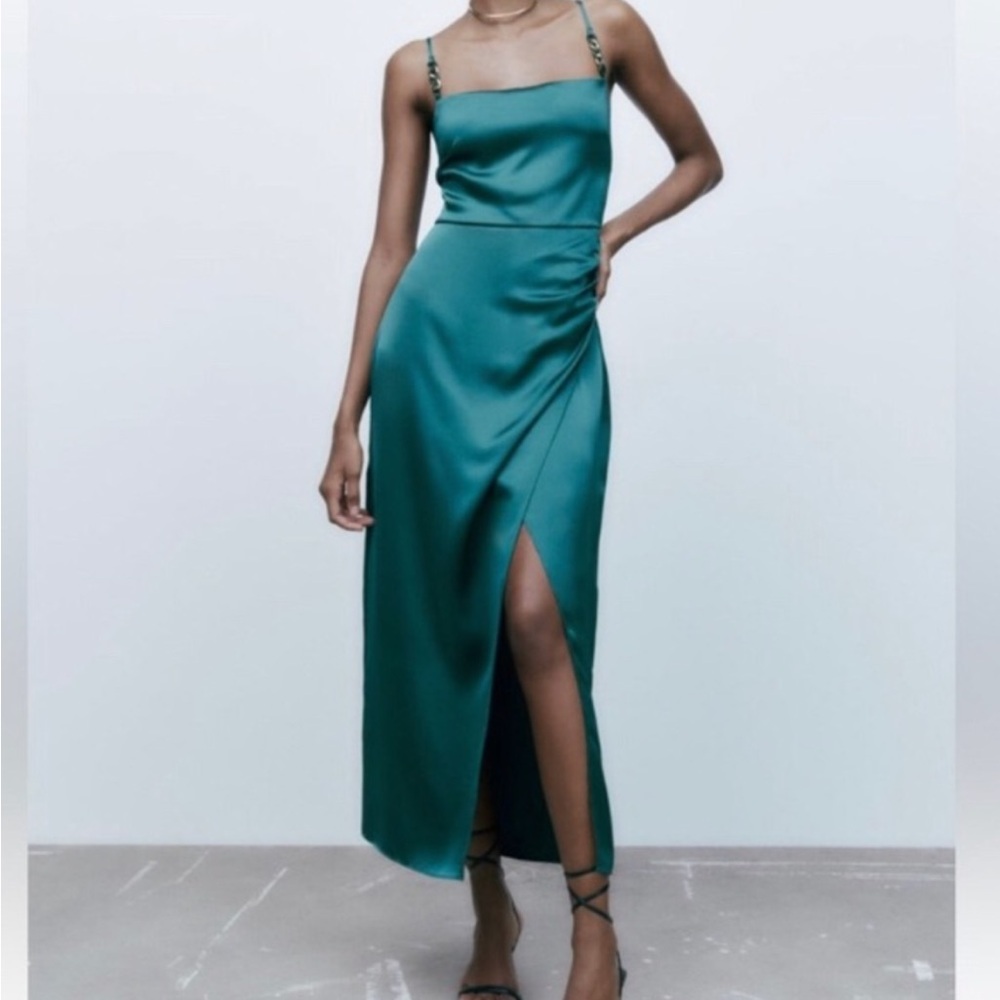 Zara Silk Teal Midi Dress with Gold Accents Size XS NEW WITH TAGS